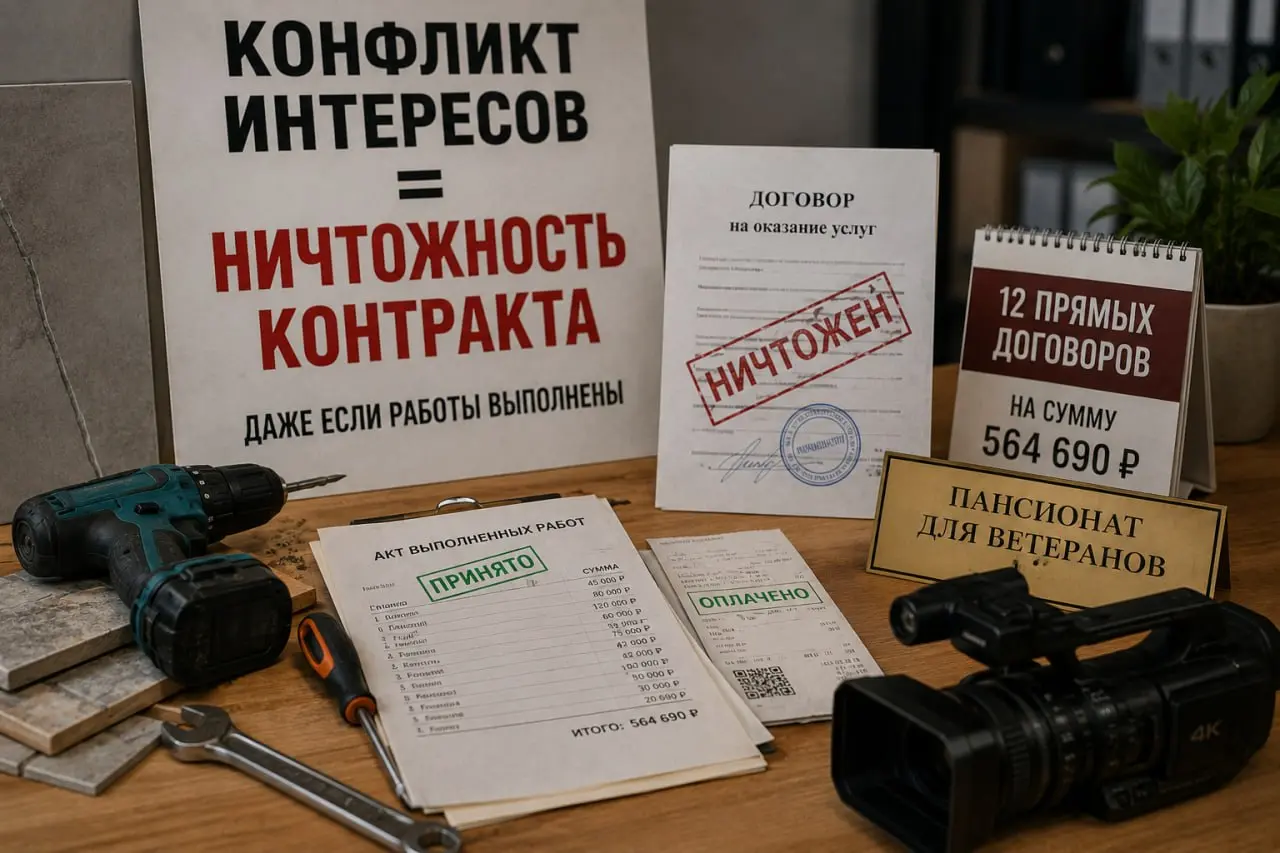 Конфликт интересов = ничтожность контракта. Даже если работы выполнены
Пансионат для ветеранов заключил 12 прямых договоров с ИП на сумму 564 690 ₽ | Сетка — социальная сеть от hh.ru