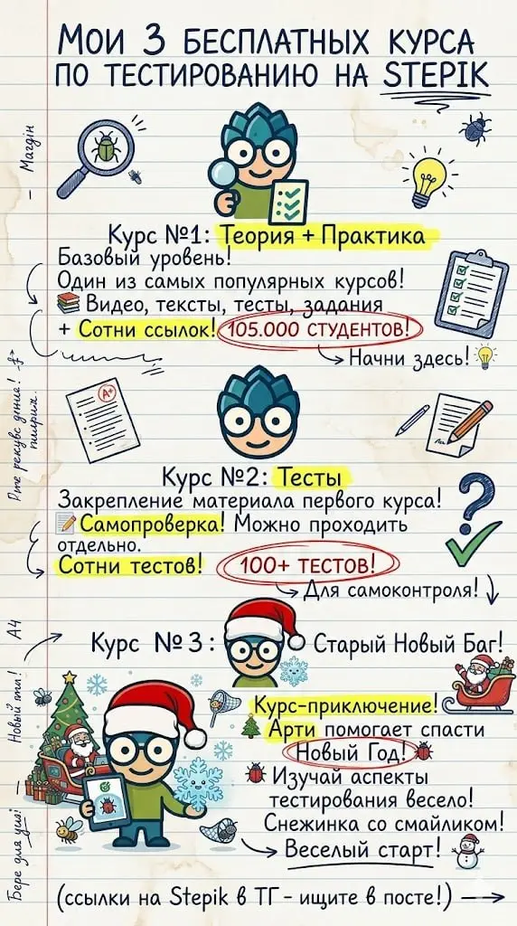 Помимо курсов на весенней распродаже, хочу напомнить, что у меня есть 3 бесплатных курса на Stepik:
Тестирование ПО с нуля. Теория + Практика | Сетка — социальная сеть от hh.ru