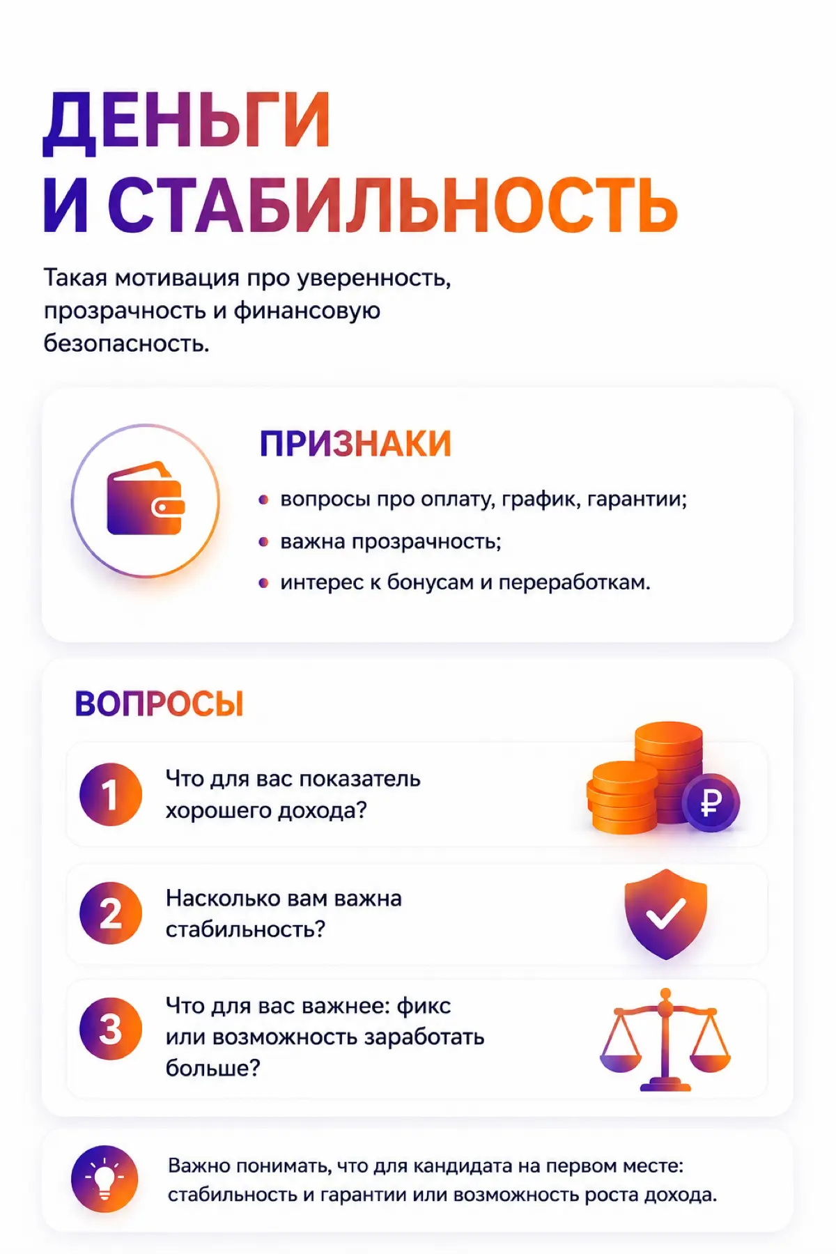 💎 Что важно проверить в мотивации кандидата
1. Что человеку важно в работе сейчас
Понять текущий жизненный этап и реальные приоритеты | Сетка — социальная сеть от hh.ru