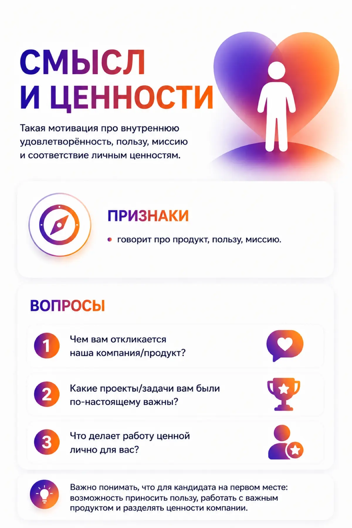 💎 Что важно проверить в мотивации кандидата
1. Что человеку важно в работе сейчас
Понять текущий жизненный этап и реальные приоритеты | Сетка — социальная сеть от hh.ru