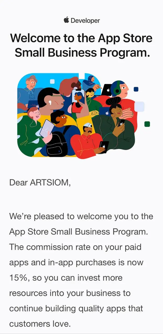 Меня включили в App Store Small Business Program
Теперь платить комиссию Apple придется не 30%, а 15%
p.s | Сетка — социальная сеть от hh.ru