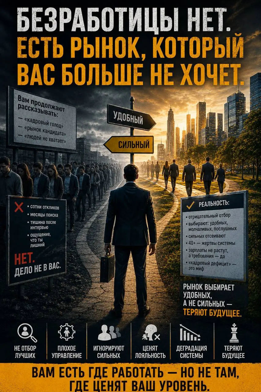 Безработицы нет.
Есть рынок, который вас больше не хочет | Сетка — социальная сеть от hh.ru