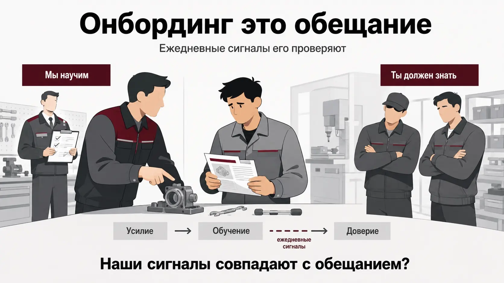 Иногда онбординг формально работает, но новый сотрудник всё равно чувствует, что уже провалился.
Недавно разбирал ситуацию с линейным сотрудником на производстве.
Человек новый.
Пришёл без опыта | Сетка — социальная сеть от hh.ru