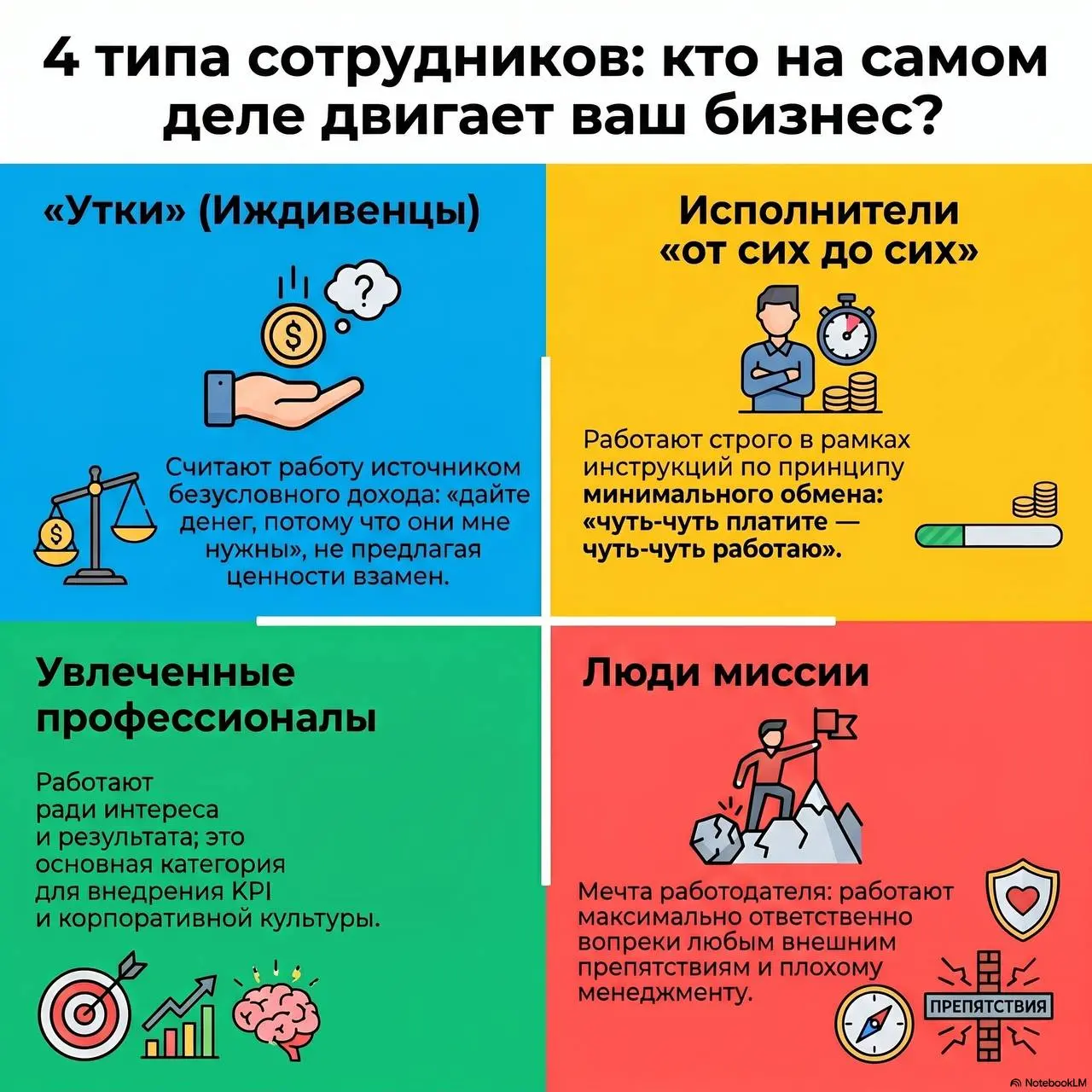 Практические рекомендации к типам сотрудников по мотивации к труду.
Если тип 1 (иждивенцы) попали в вашу компанию - это ошибка найма.
Если тип 2 работает у вас и вы им недовольны - ошибка найма | Сетка — социальная сеть от hh.ru