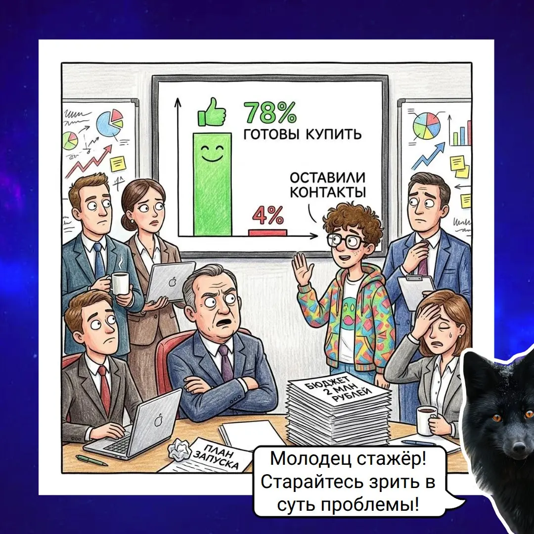 Кейс: «Вопрос, который остановил провальный запуск»
🤔 Маркетинговая команда готовила запуск нового продукта. Опрос показал: 78% потенциальных клиентов «готовы купить» | Сетка — социальная сеть от hh.ru