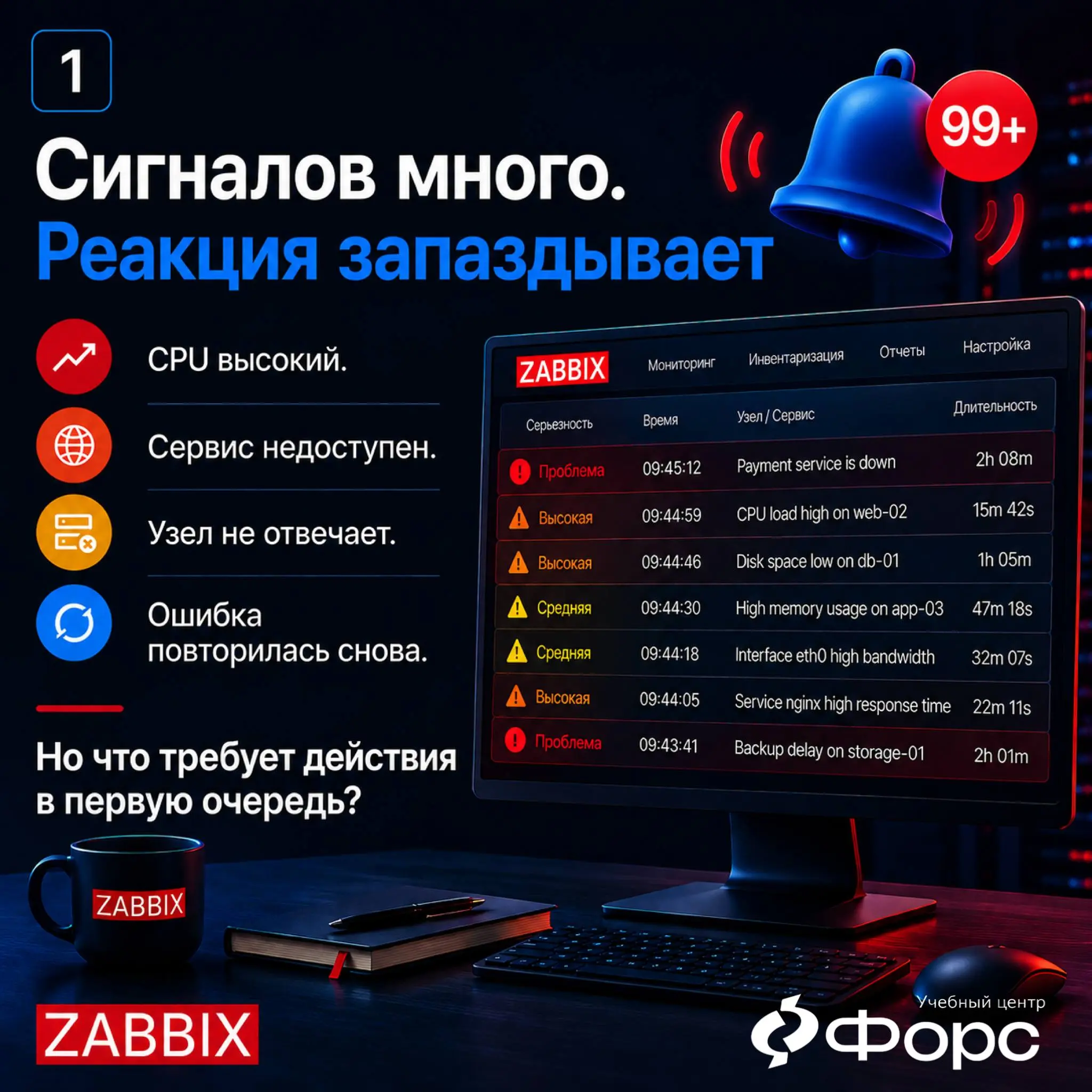 Zabbix присылает десятки алертов, но важный инцидент команда замечает слишком поздно.
Проблема не всегда в том, что мониторинга мало | Сетка — социальная сеть от hh.ru