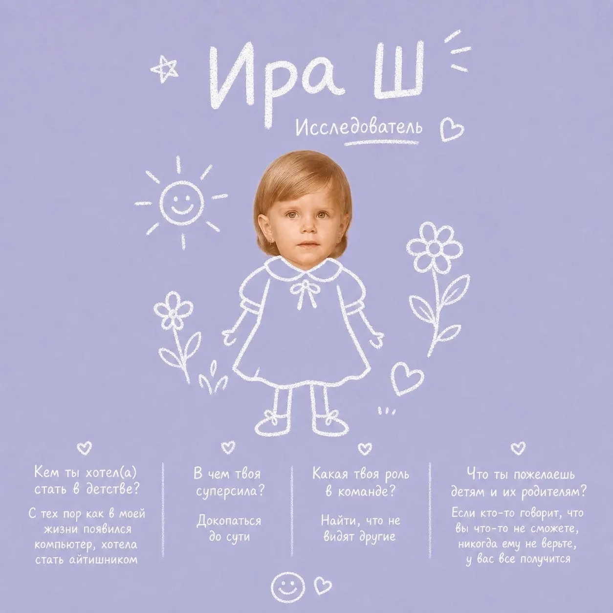 На сегодня у меня был запланирован другой пост ко Дню защиты детей, но в процессе подготовки материала для внутрикома я собрала забавные карточки со всей командой. Своей решила поделиться с вами🫰 | Сетка — социальная сеть от hh.ru