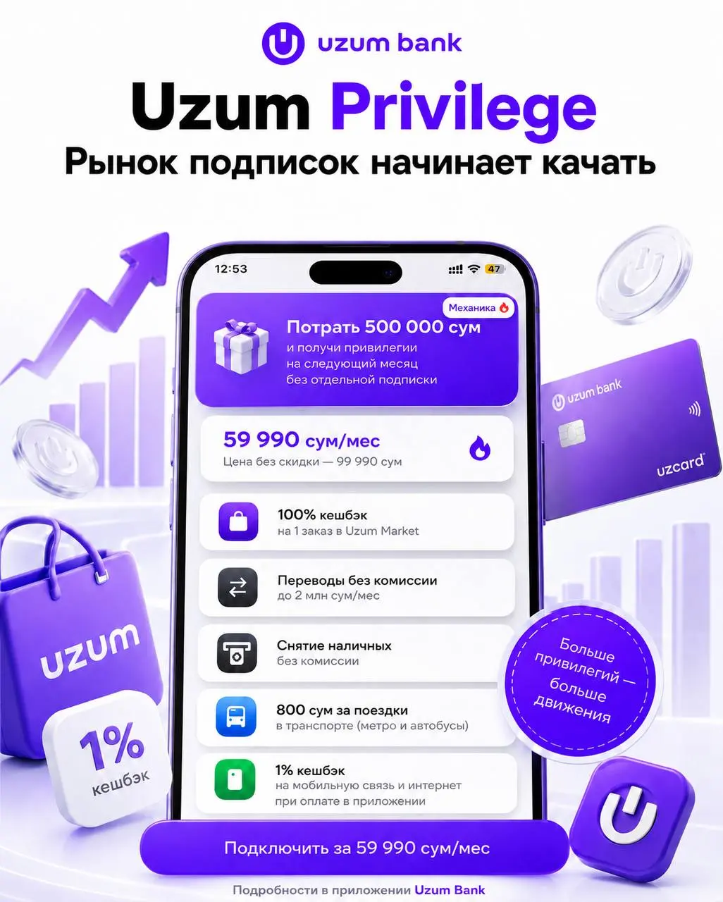 Uzum тоже качает подписку. Финтех-рынок явно пошел в привилегии
После обновления подписок Click интересно посмотреть и на Uzum Bank. Там тоже есть своя модель привилегий, и ценник уже вполне взрослый | Сетка — социальная сеть от hh.ru