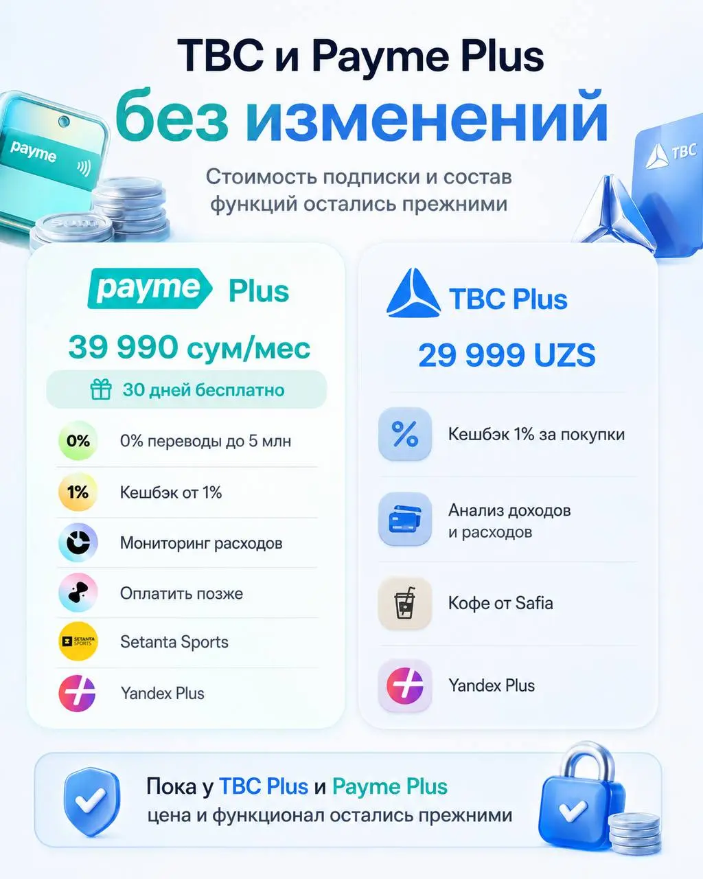 TBC и Payme Plus пока без сюрпризов
На фоне обновления подписок Click и появления привилегий Uzum интересно, что у TBC Plus и Payme Plus стоимость и состав подписок пока остались прежними | Сетка — социальная сеть от hh.ru