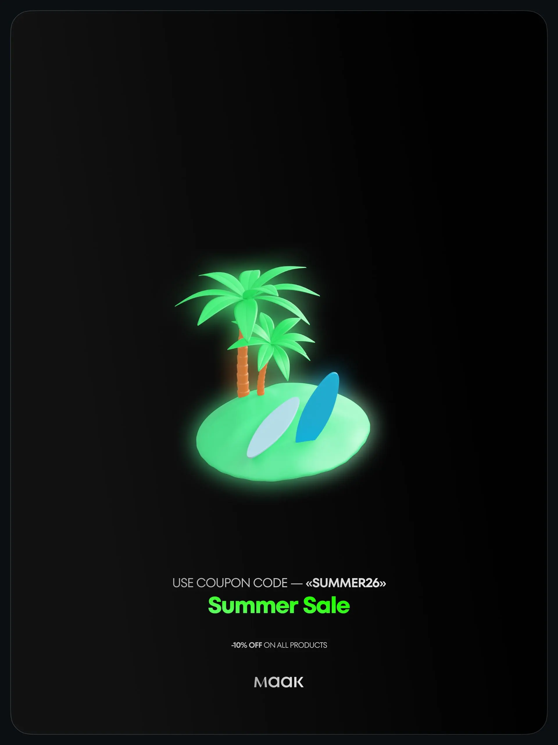 🌴 #free — Летние скидки весь месяц!
С 01.06 по 30.06 (включительно) по промокоду «SUMMER26» действует —10% скидка на все продукты и услуги от maak® для всех подписчиков нашего канала | Сетка — социальная сеть от hh.ru