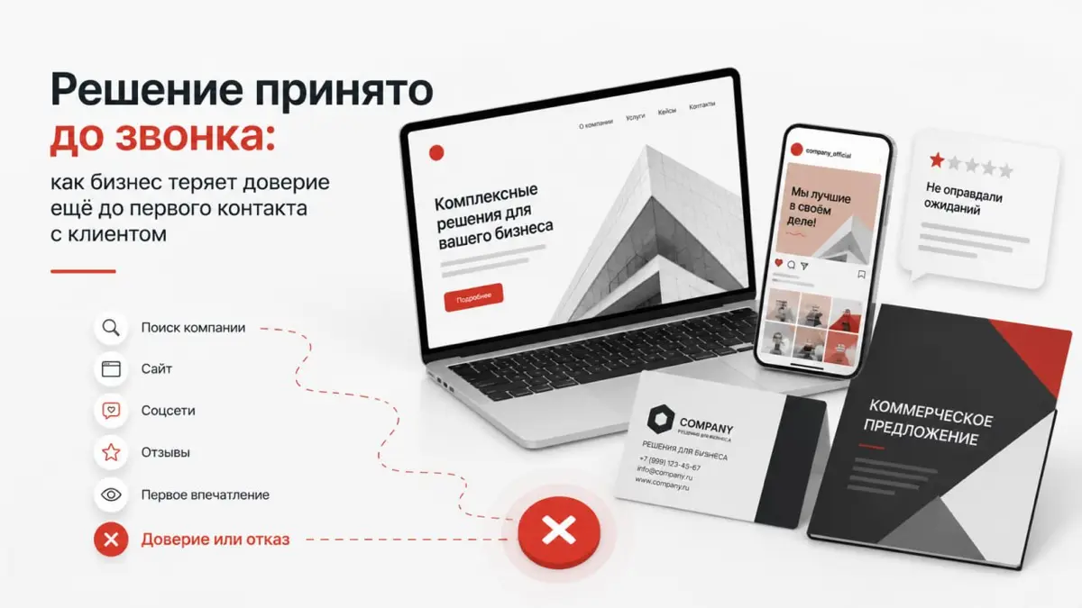 Клиент часто принимает решение ещё до разговора с менеджером. Сайт, соцсети, отзывы, визуал, коммерческое предложение - всё это формирует доверие задолго до звонка | Сетка — социальная сеть от hh.ru