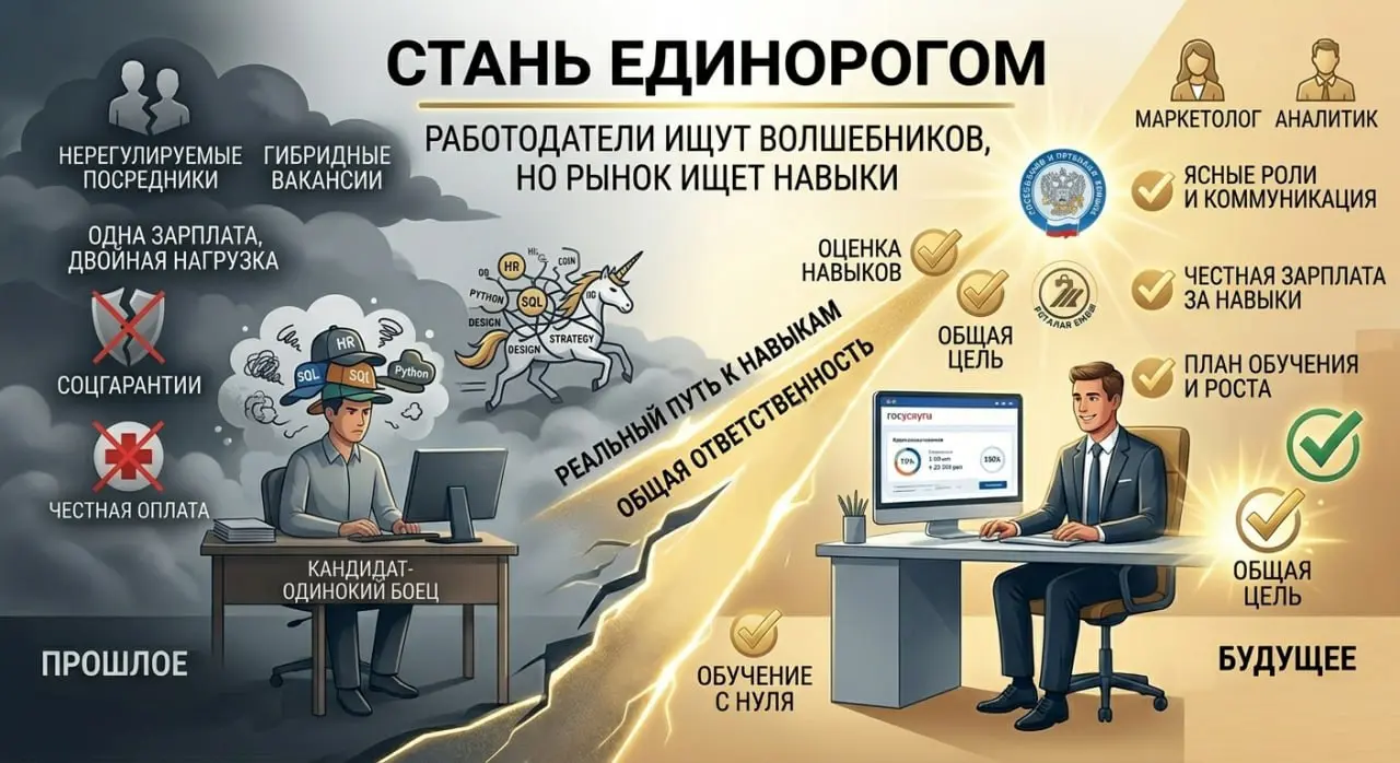 СТАНЬ ЕДИНОРОГОМ
Как выяснилось, работодатели сегодня ищут волшебных «единорогов». Сразу поделюсь спойлером. Такие конечно же не водятся на рынке труда | Сетка — социальная сеть от hh.ru