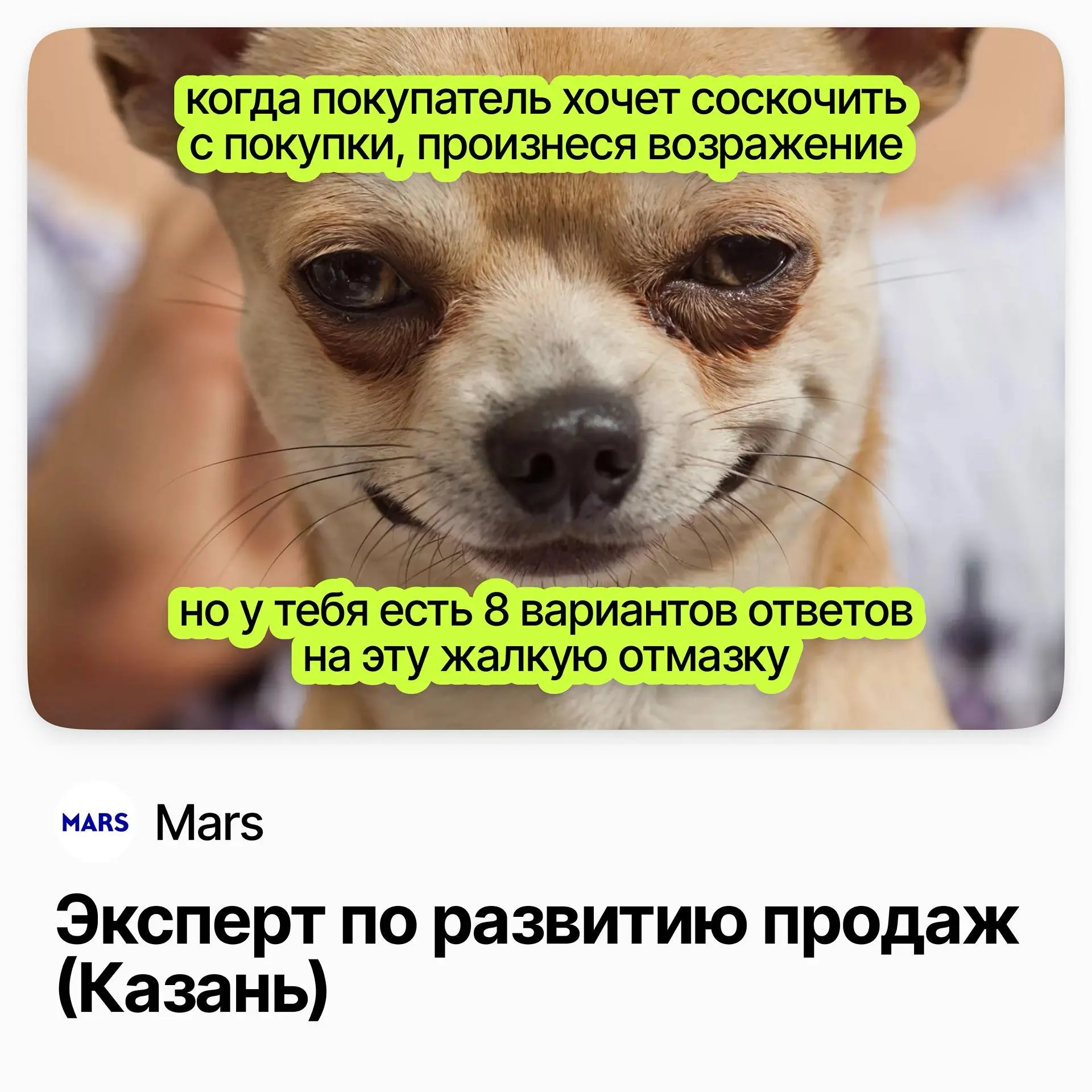 💻 Эксперт по развитию продаж (Казань) / Mars
Mars — крупная FMCG-компания, которая производит: шоколадные изделия, жевательные резинки, корма и умные сервисы для домашних животных | Сетка — социальная сеть от hh.ru