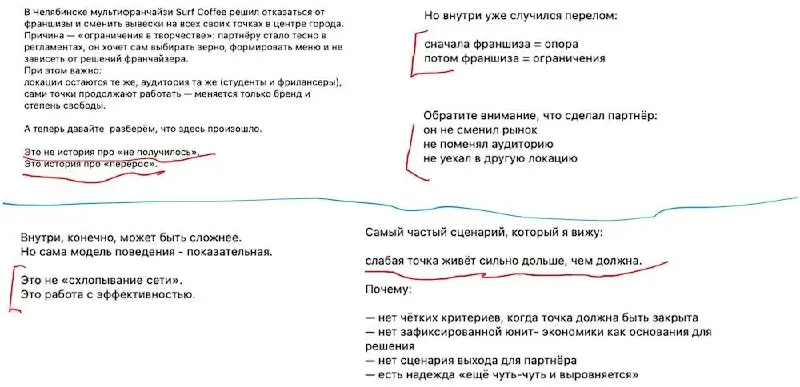Недоверие к автору на основе формы
Почитал один канал про франшизы. Вроде мысли в постах встречаются интересные, но почти в каждом - нейрослоповые формулировки (скрины) | Сетка — социальная сеть от hh.ru
