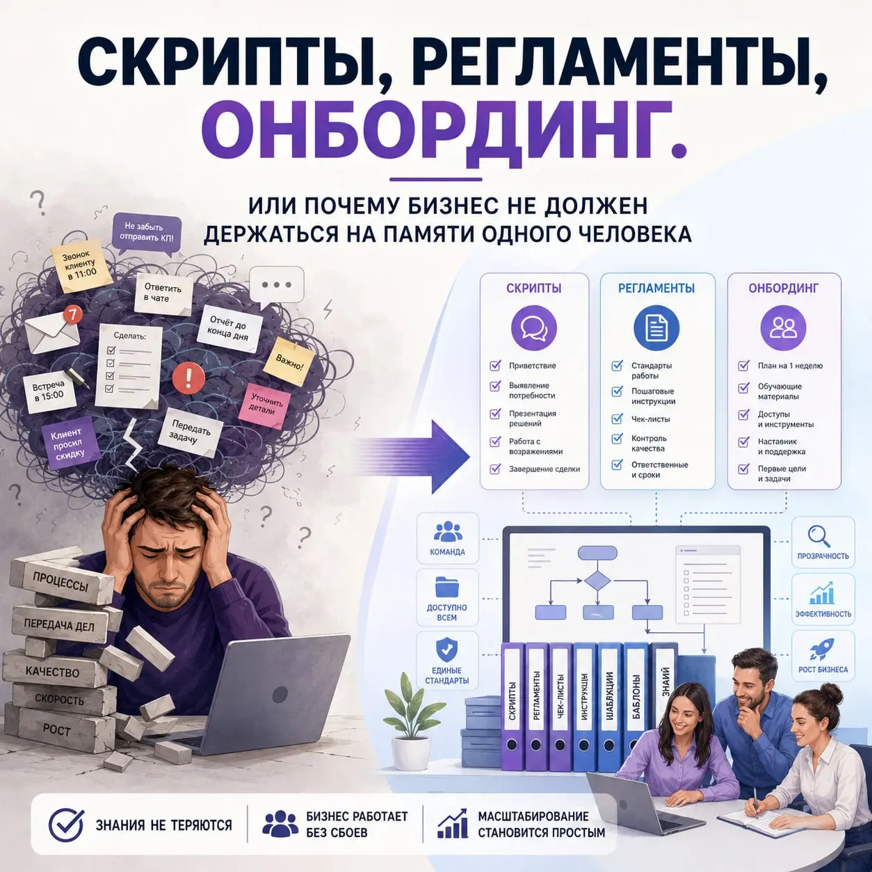 📋 Скрипты, регламенты, онбординг. Или почему бизнес не должен держаться на памяти одного человека
Есть одна стадия роста бизнеса, через которую проходят почти все.
Сначала всё просто | Сетка — социальная сеть от hh.ru