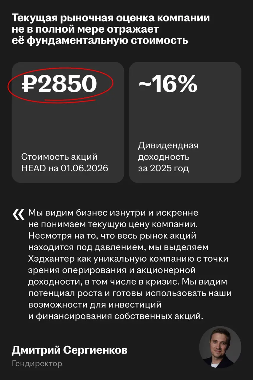 💲 Хэдхантер запустил программу обратного выкупа акций на ₽15 млрд
Компания уверена, что текущая рыночная оценка не в полной мере отражает её фундаментальную стоимость | Сетка — социальная сеть от hh.ru