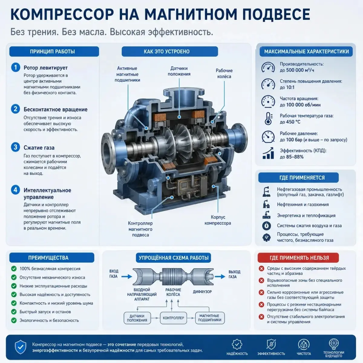 🧲 Компрессоры на магнитном подвесе : Левитация на службе промышленности
Представьте центробежный компрессор, в котором полностью убрали маслосистему, классические подшипники и сухие газодинамические у... | Сетка — социальная сеть от hh.ru