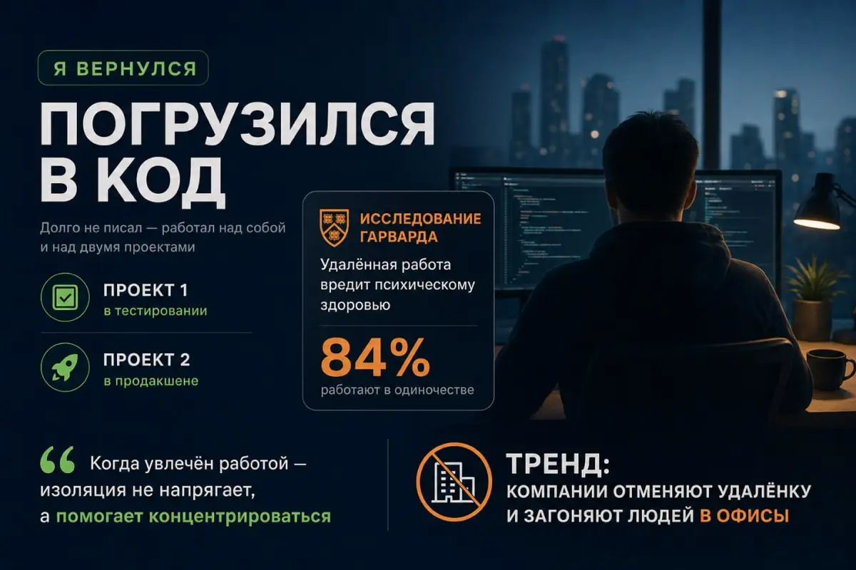 Давно не писал. Выпал из графика постов, и знаете что? Даже не заметил как.
Сейчас интересная волна идёт: удалёнку массово сворачивают. Компании выводят людей обратно в офисы | Сетка — социальная сеть от hh.ru
