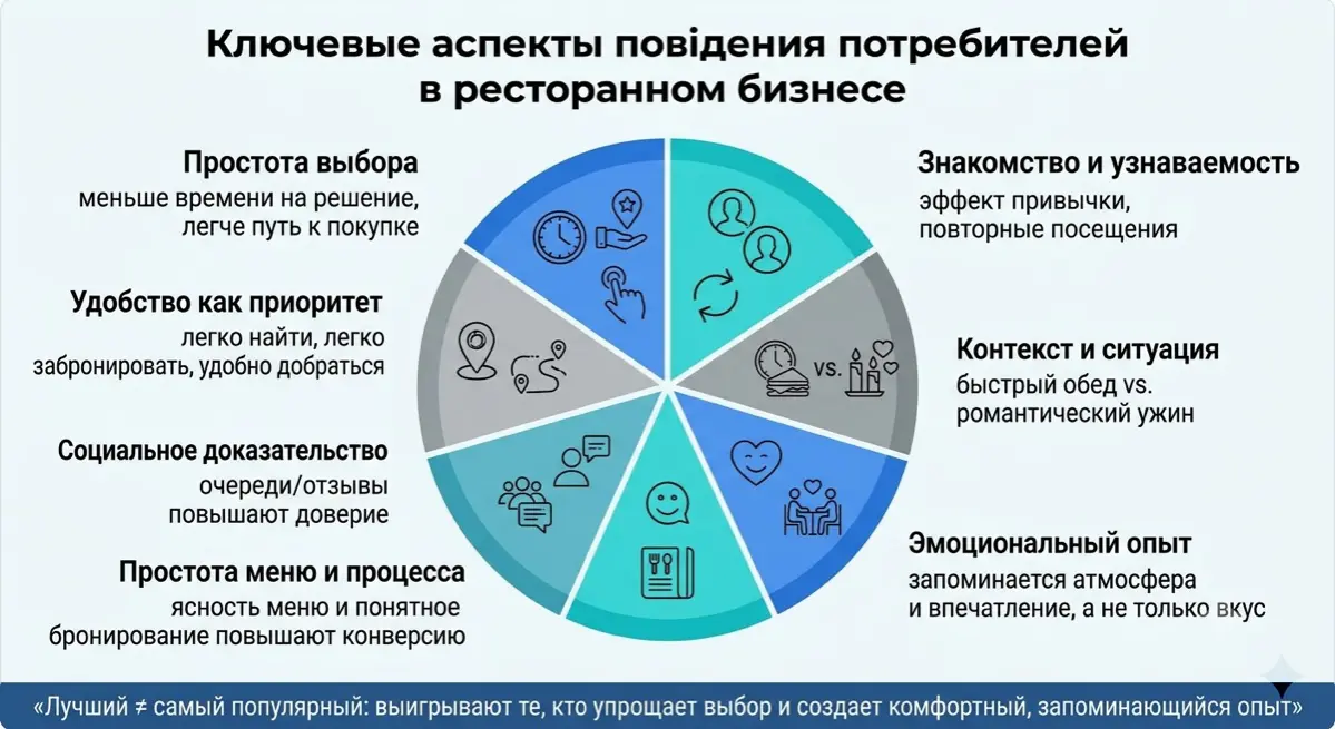 Ключевые аспекты поведения потребителей в сфере ресторанного бизнеса. Давайте подытожим основные идеи и добавим несколько мыслей.
1. Простота выбора: Люди склонны выбирать то, что проще и доступнее | Сетка — социальная сеть от hh.ru