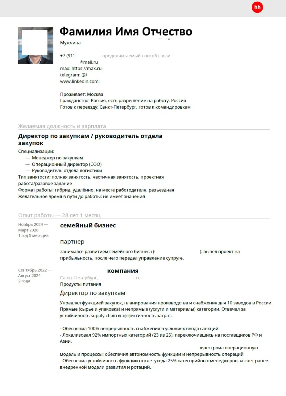 🎧 Аудиоразбор резюме для Директор по закупкам. Ну вот и пришло время нового профессионального разбора ваших резюме.
🟧 Сегодня нас ждет очень достойное резюме кандидата с сильным опытом | Сетка — социальная сеть от hh.ru
