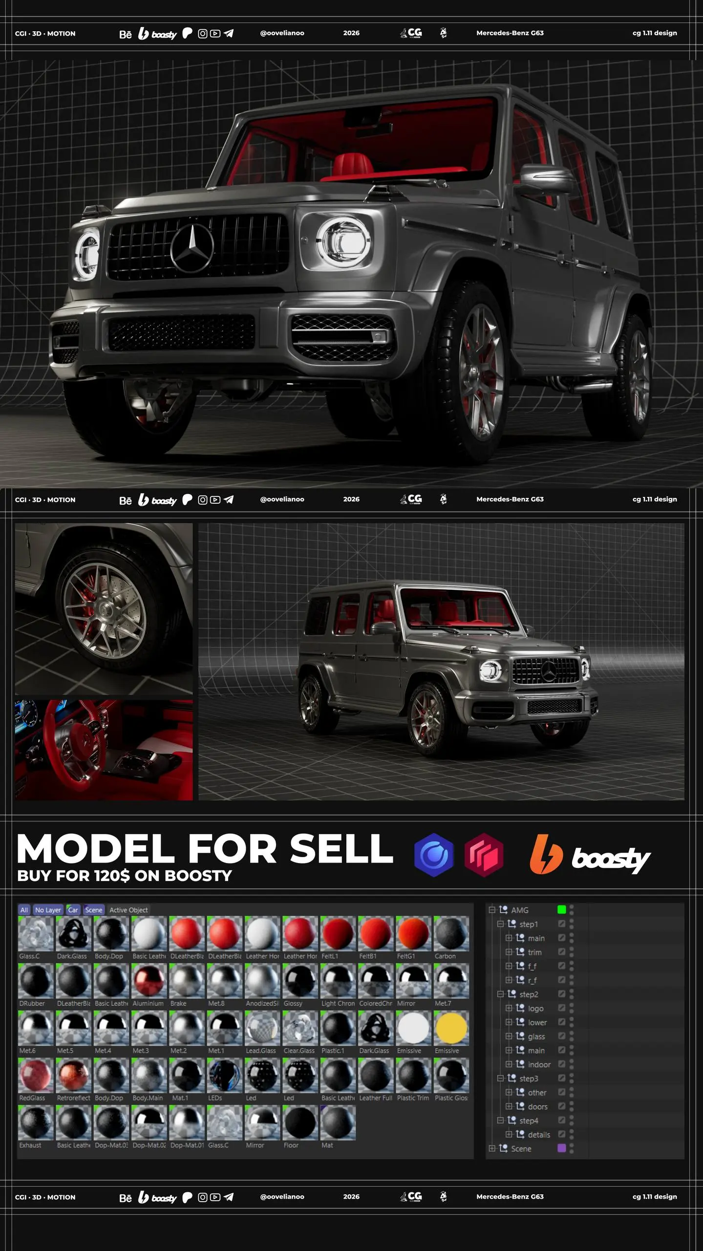 MODEL FOR YOU - Mercedes-Benz G63
• CG 1.11 DESIGN
• Cinema4D + Redshift (FULL CGI)
Buy -> Boosty | @oovelianoo
Link - https://boosty | Сетка — социальная сеть от hh.ru