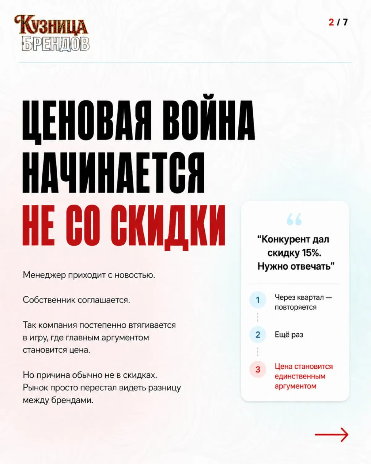 Ценовая конкуренция начинается не со скидки - она начинается с момента, когда покупатель не видит разницы между вашим продуктом и продуктом конкурента
Причины разобрали в карусели 🔥
Самоаудит бренда -... | Сетка — социальная сеть от hh.ru