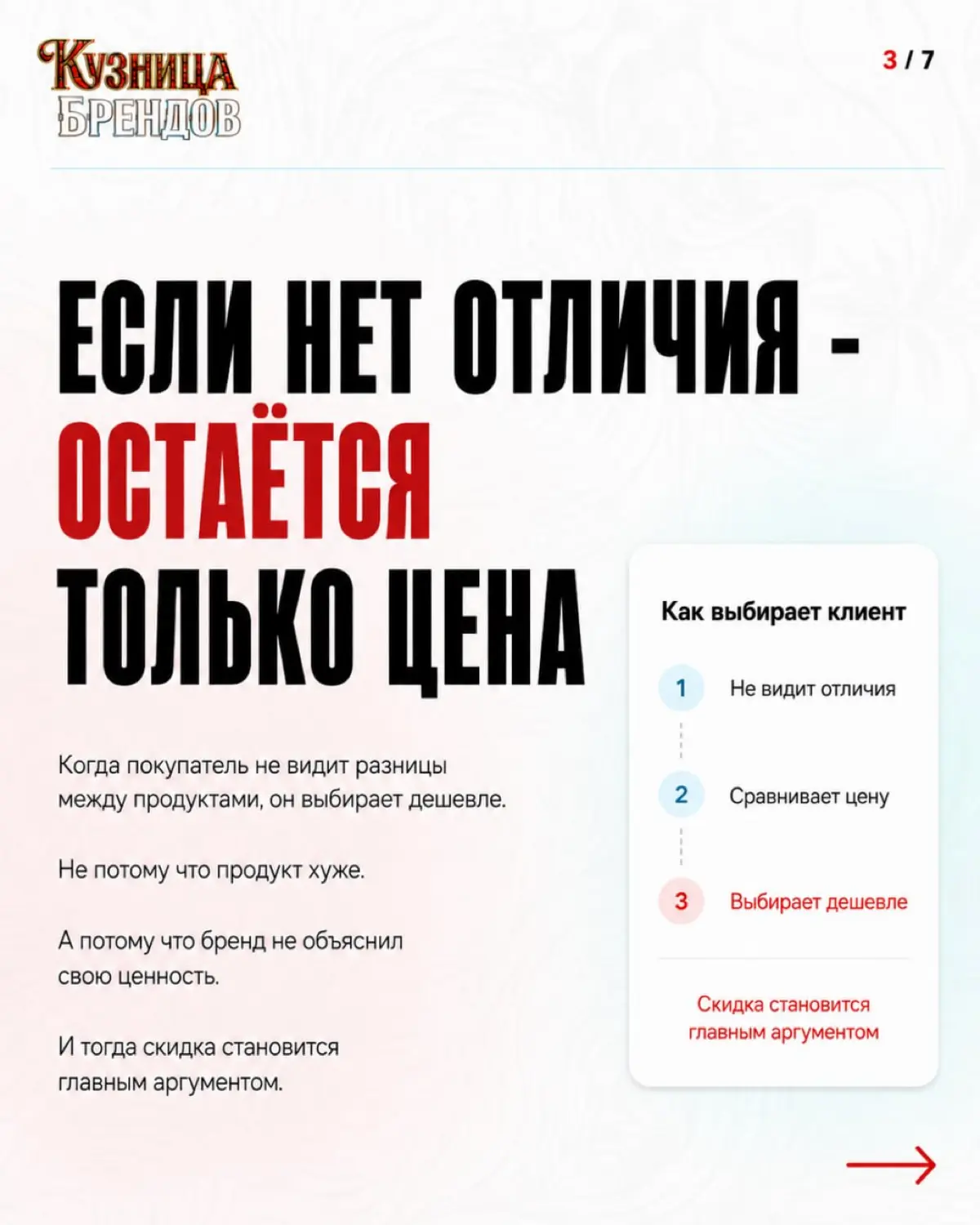 Ценовая конкуренция начинается не со скидки - она начинается с момента, когда покупатель не видит разницы между вашим продуктом и продуктом конкурента
Причины разобрали в карусели 🔥
Самоаудит бренда -... | Сетка — социальная сеть от hh.ru