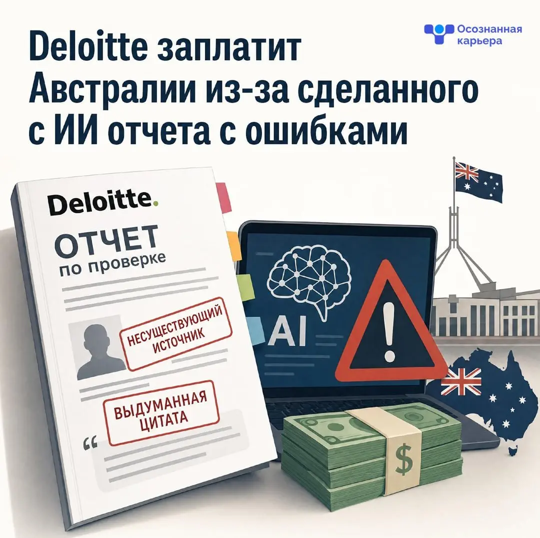Deloitte заплатит Австралии из-за сделанного с ИИ отчета с ошибками
Deloitte выплатит ущерб правительству Австралии из-за отчета, составленного с помощью ИИ, в котором нашли ссылки на несуществующих л... | Сетка — социальная сеть от hh.ru