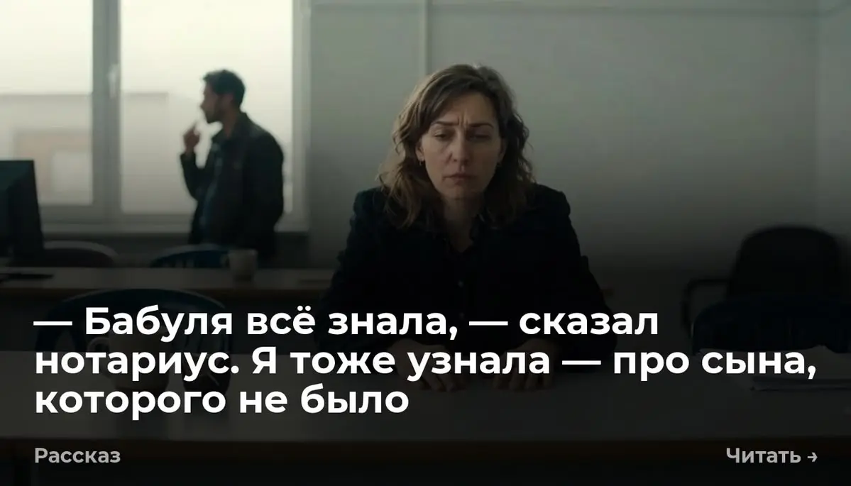 — Бабуля всё знала, — сказал нотариус. Я тоже узнала — про сына, которого не было
Нотариус произнёс имя, которого я никогда не слышала, и Сергей побелел так, что я увидела это боковым зрением | Сетка — социальная сеть от hh.ru