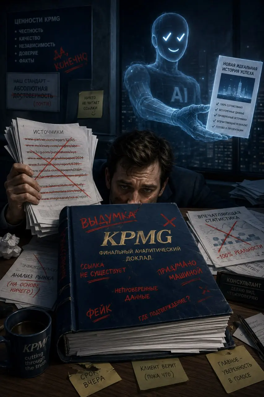 KPMG взяла и написала отчёт про ИИ с помощью ИИ.
Что довольно предсказуемо | Сетка — социальная сеть от hh.ru