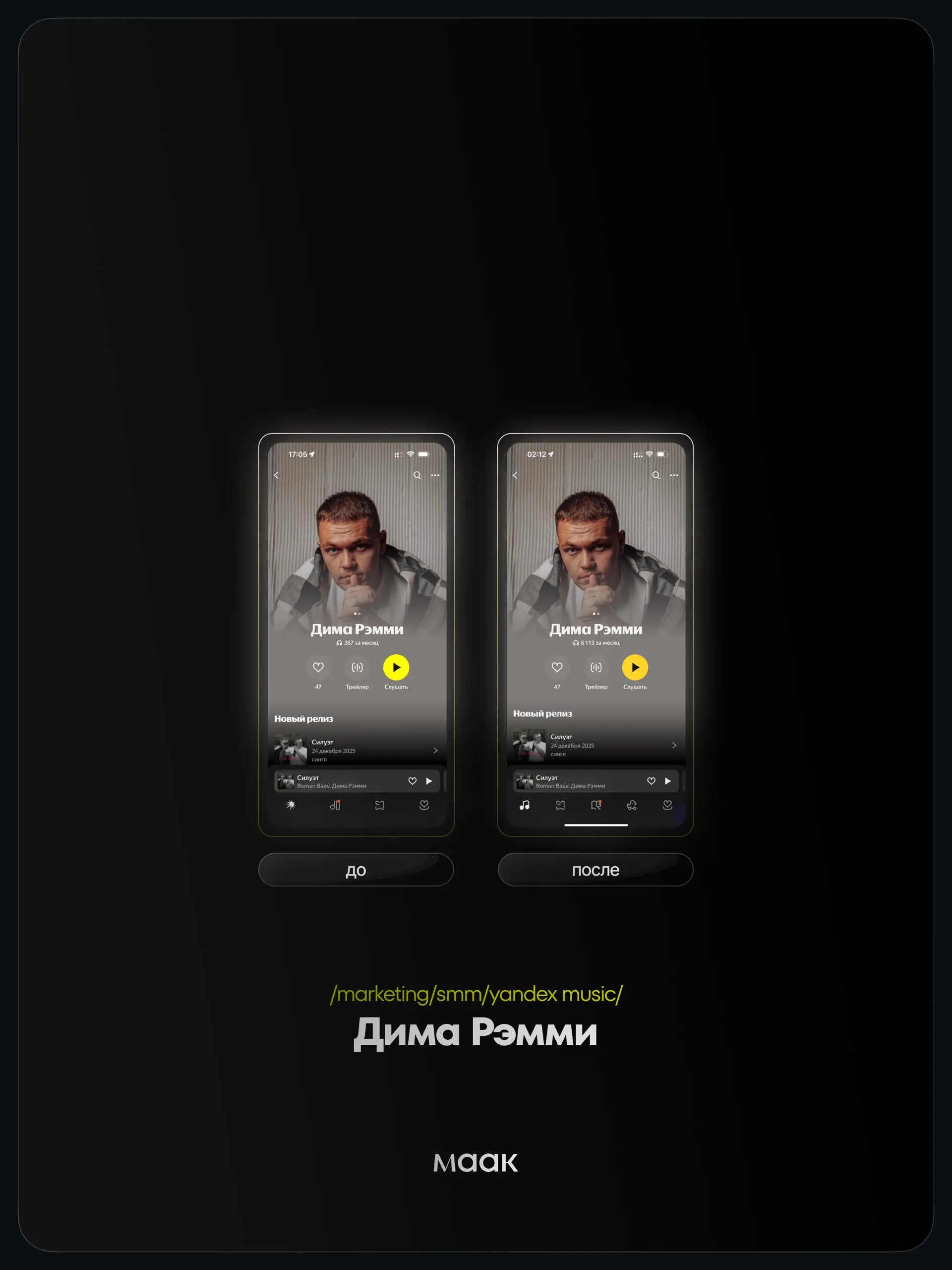 📱 #case — Продвижение в Яндекс Музыке
❤️ Для кого?
Дима Рэмми
🔼 Что было сделано?
Комплексное продвижение трека с целью увеличения прослушиваний и вовлеченности
⭐️ Продвижение в Яндекс Музыке — это ра... | Сетка — социальная сеть от hh.ru
