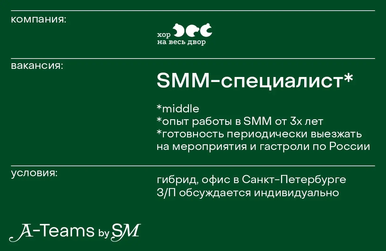 SMM-специалист в Хор на весь Двор
Гибрид, офис в Санкт-Петербурге, З/П обсуждается индивидуально
Хор на весь Двор — первый в России музыкальный социальный проект живого совместного пения, созданный в ... | Сетка — социальная сеть от hh.ru