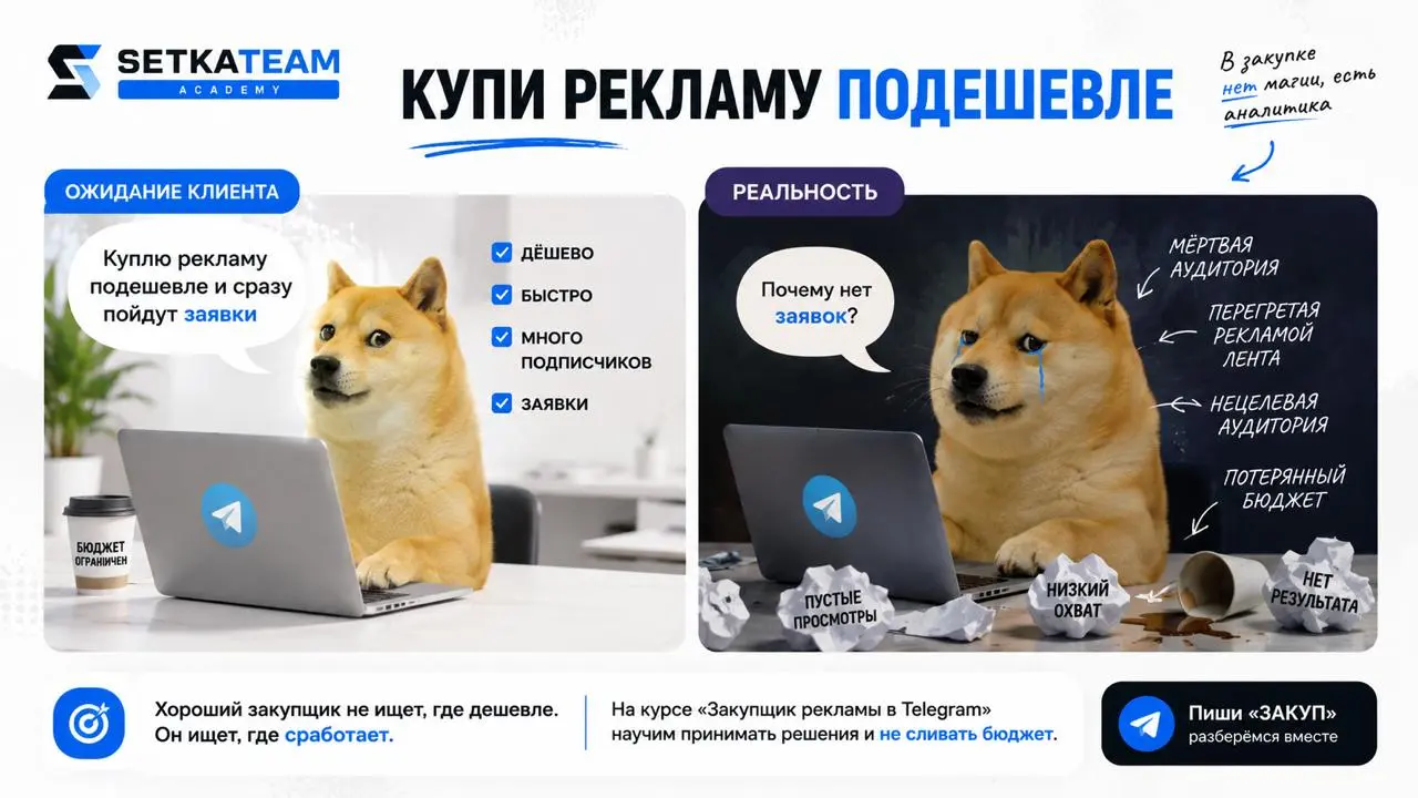 Купи рекламу подешевле
Клиент: Нам бы канал подешевле, бюджет ограничен
прошли сутки после рекламы
Клиент: А почему нет заявок?
Потому что “дешевле” — это иногда просто короткая дорога к сливу | Сетка — социальная сеть от hh.ru