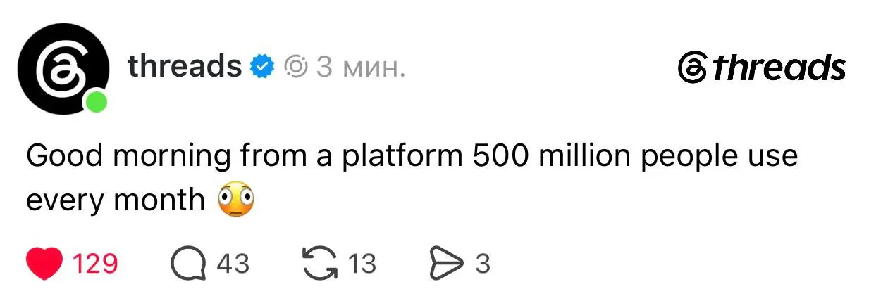У Threads MUA 500 млн
Почти twitter догнали | Сетка — социальная сеть от hh.ru
