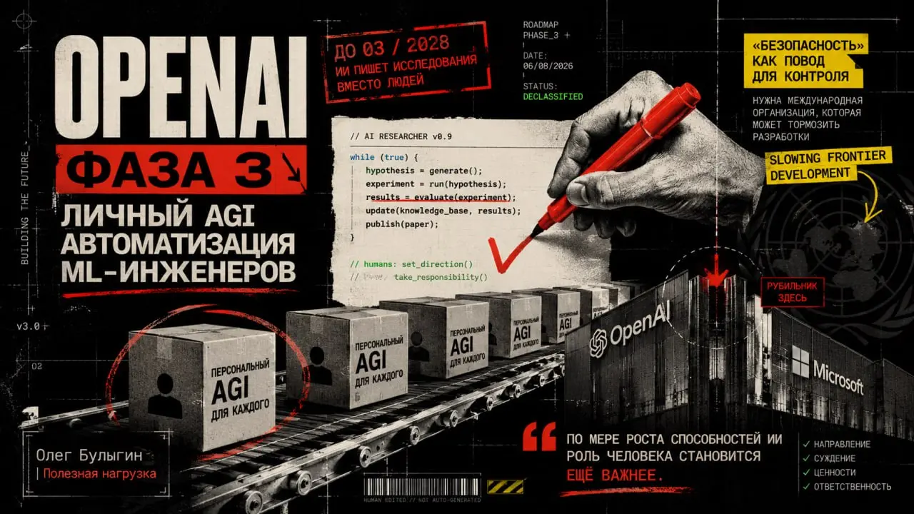 Манифест OpenAI: Личный AGI и автоматизация ML-инженеров 📢
Сэм Альтман и Якуб Пахоцки опубликовали простыню текста о том, как они собираются причинить добро всему человечеству | Сетка — социальная сеть от hh.ru
