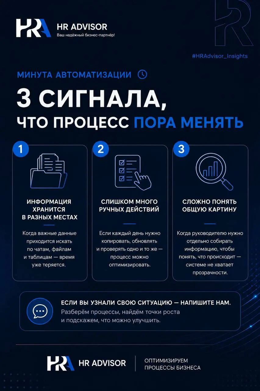 💡 Минута автоматизации от HR ADVISOR
Иногда кажется, что процесс работает просто потому, что «мы так привыкли» | Сетка — социальная сеть от hh.ru