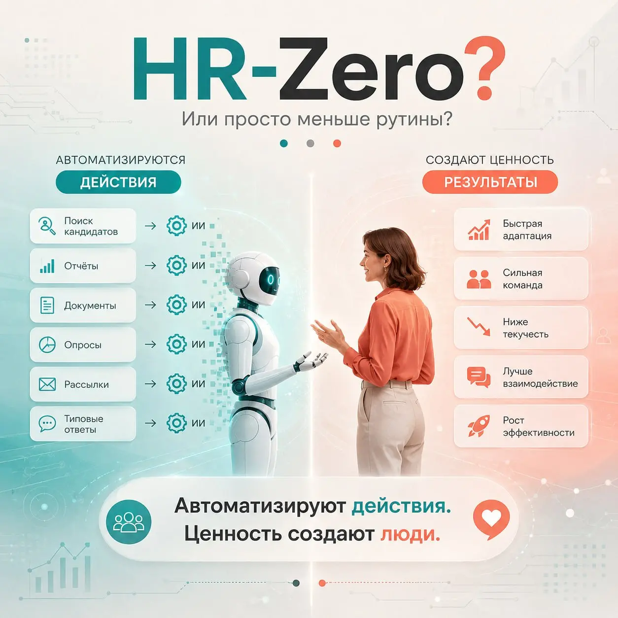 HR-Zero: действительно ли HR могут заменить технологии?
На конференции «Этика в управлении персоналом» коллеги обсуждали один из возможных сценариев будущего профессии — HR-Zero | Сетка — социальная сеть от hh.ru