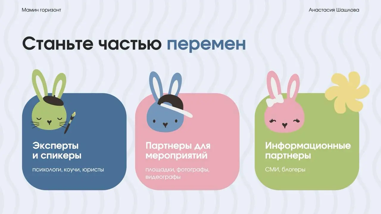 Для фаундера проекта «Мамин горизонт» собрали небольшую презентацию под выступление.
Когда времени на реализацию мало, становится невозможно прятаться просто за красивый дизайн и модные приемы | Сетка — социальная сеть от hh.ru