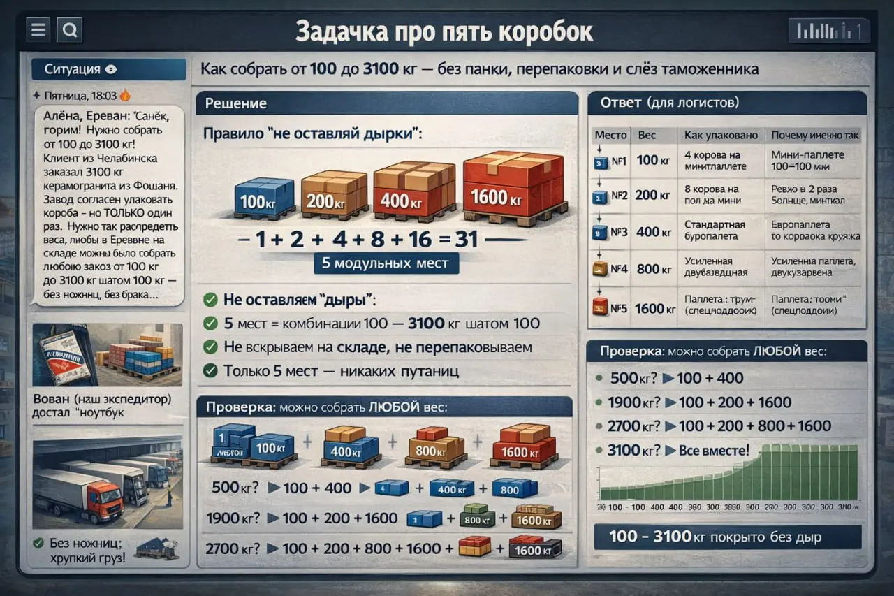 Задачка про пять коробок
Как собрать любой груз от 100 до 3100 кг — без паники, без перепаковки и без слёз таможенника
Рассказываю и объясняю дочери Ульяне (11 лет) — но с цифрами, которые проверит лю... | Сетка — социальная сеть от hh.ru
