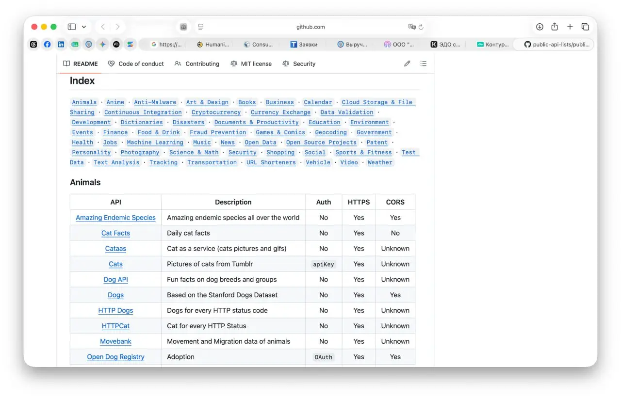 Public-api-lists — список бесплатных (условно) общедоступных API в 48 категориях с возможностью поиска, поддержкой сообщества и бесплатным JSON API | Сетка — социальная сеть от hh.ru