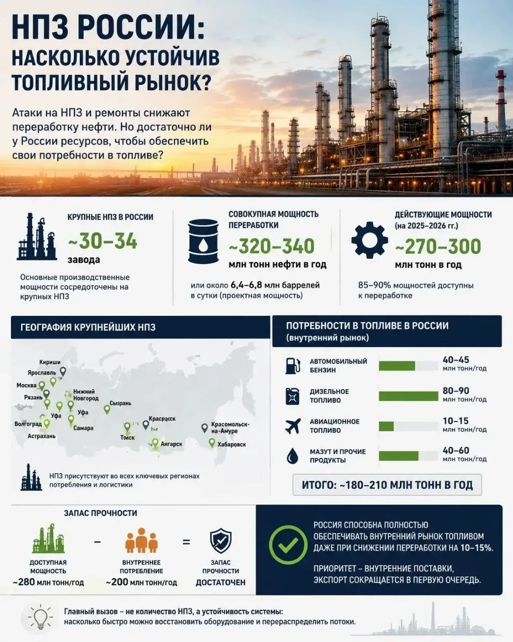НПЗ России: насколько устойчив топливный рынок?
После новостей об атаках на нефтеперерабатывающие заводы многие задаются вопросом: а хватит ли России топлива для собственных нужд?
Если смотреть на циф... | Сетка — социальная сеть от hh.ru