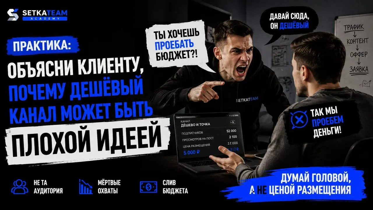 Практика: объясни клиенту, почему дешёвый канал может быть плохой идеей
Ситуация: клиент присылает тебе канал и говорит: “Давай сюда, реклама недорогая, подписчиков много” | Сетка — социальная сеть от hh.ru