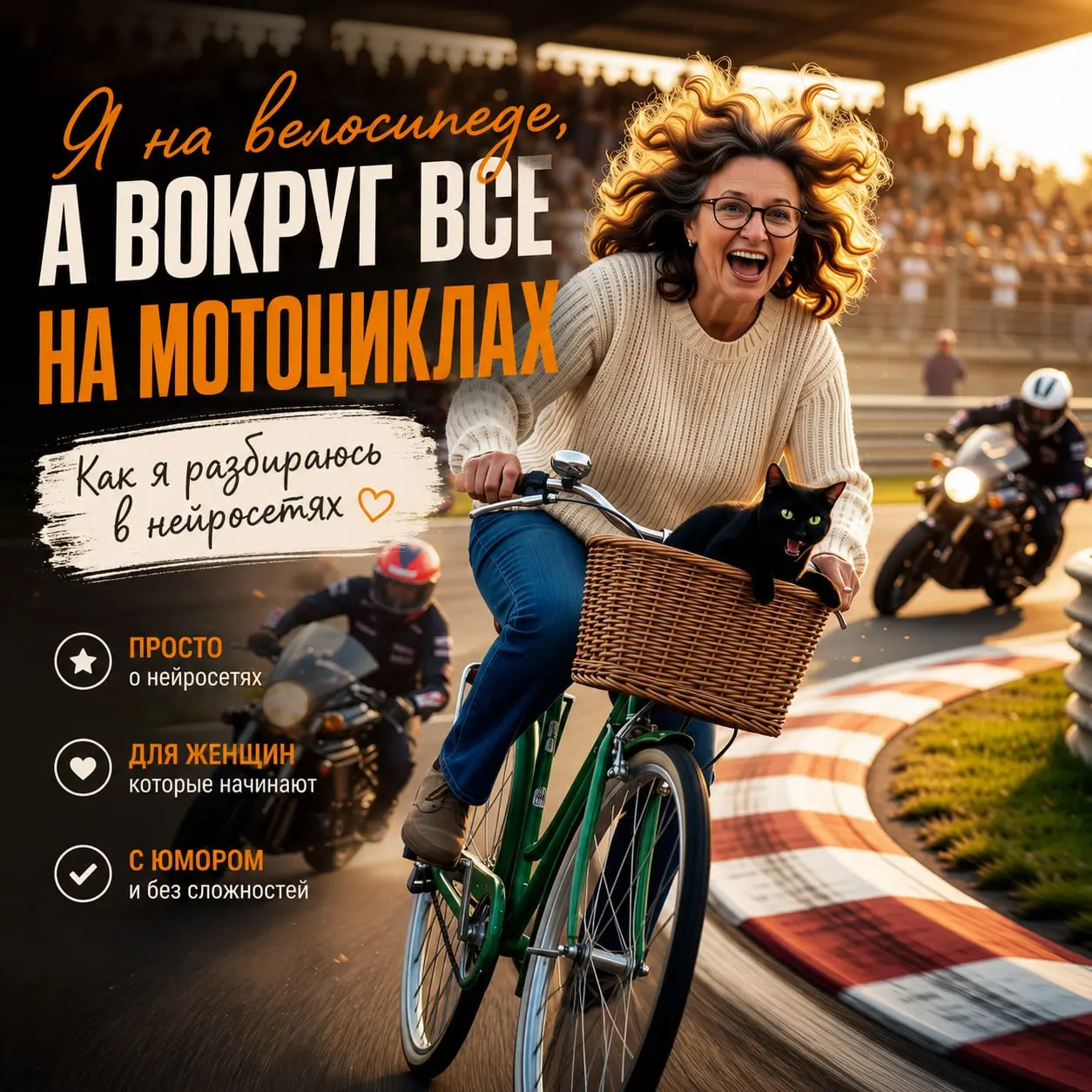 Когда решила разобраться в нейросетях, а вокруг уже все на мотоциклах 🏍😄
Вот примерно так я иногда себя чувствую в мире ИИ.
Я на велосипеде.
С корзинкой.
С котом | Сетка — социальная сеть от hh.ru