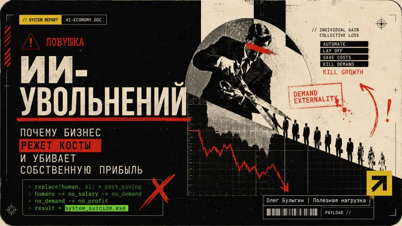 Ловушка ИИ-увольнений: почему бизнес режет косты и убивает собственную прибыль 🩸
Весь бизнес сейчас живет в парадигме:
Внедряй ИИ, увольняй людей, режь косты и купайся в сверхприбыли! Маржинальность в... | Сетка — социальная сеть от hh.ru