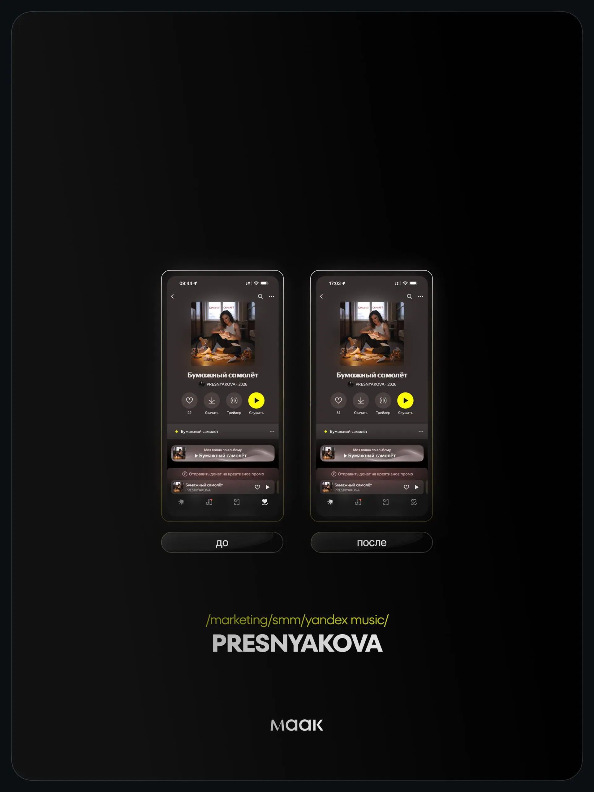 📱 #case — Продвижение в Яндекс Музыке
❤️ Для кого?
PRESNYAKOVA
🔼 Что было сделано?
Комплексное продвижение трека с целью увеличения прослушиваний и вовлеченности
⭐️ Продвижение в Яндекс Музыке — это р... | Сетка — социальная сеть от hh.ru