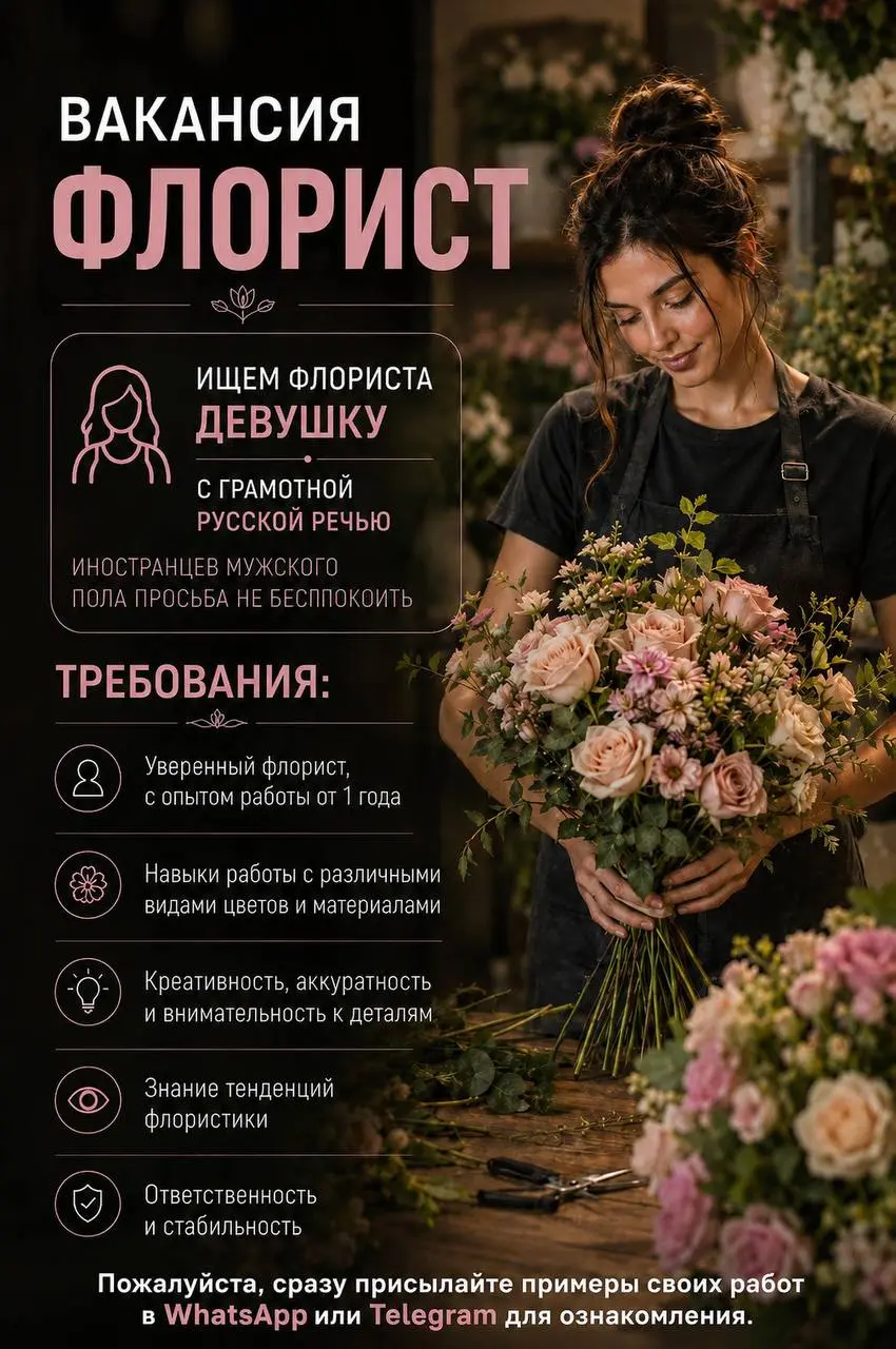 ФЛОРИСТ
От 5 000₽/смена
Цветы и Подарки
• Москва, район Хамовники, м. Фрунзенская, Московский дворец молодёжи
• Красота и wellness
• +79857894909
Полное описание вакансии размещено в Телеграм и Макс | Сетка — социальная сеть от hh.ru
