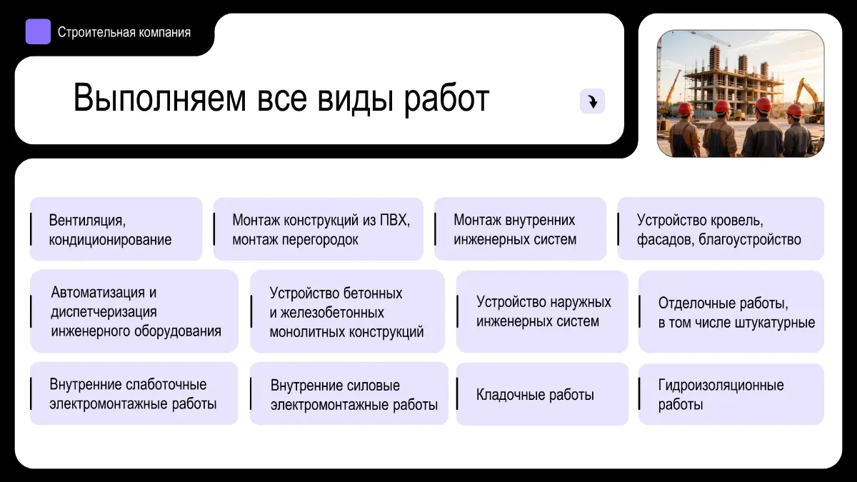 Слайд из презентации. Услуги строительной компании | Сетка — социальная сеть от hh.ru