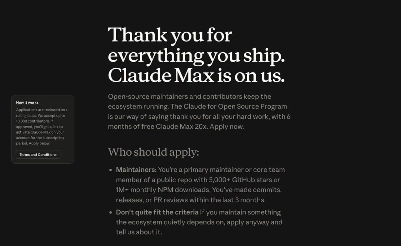 🎁#free — Anthropic раздают Claude Max бесплатно open-source разработчикам
Anthropic запустили программу Claude for Open Source — разработчики и мейнтейнеры open-source проектов могут получить Claude M... | Сетка — социальная сеть от hh.ru