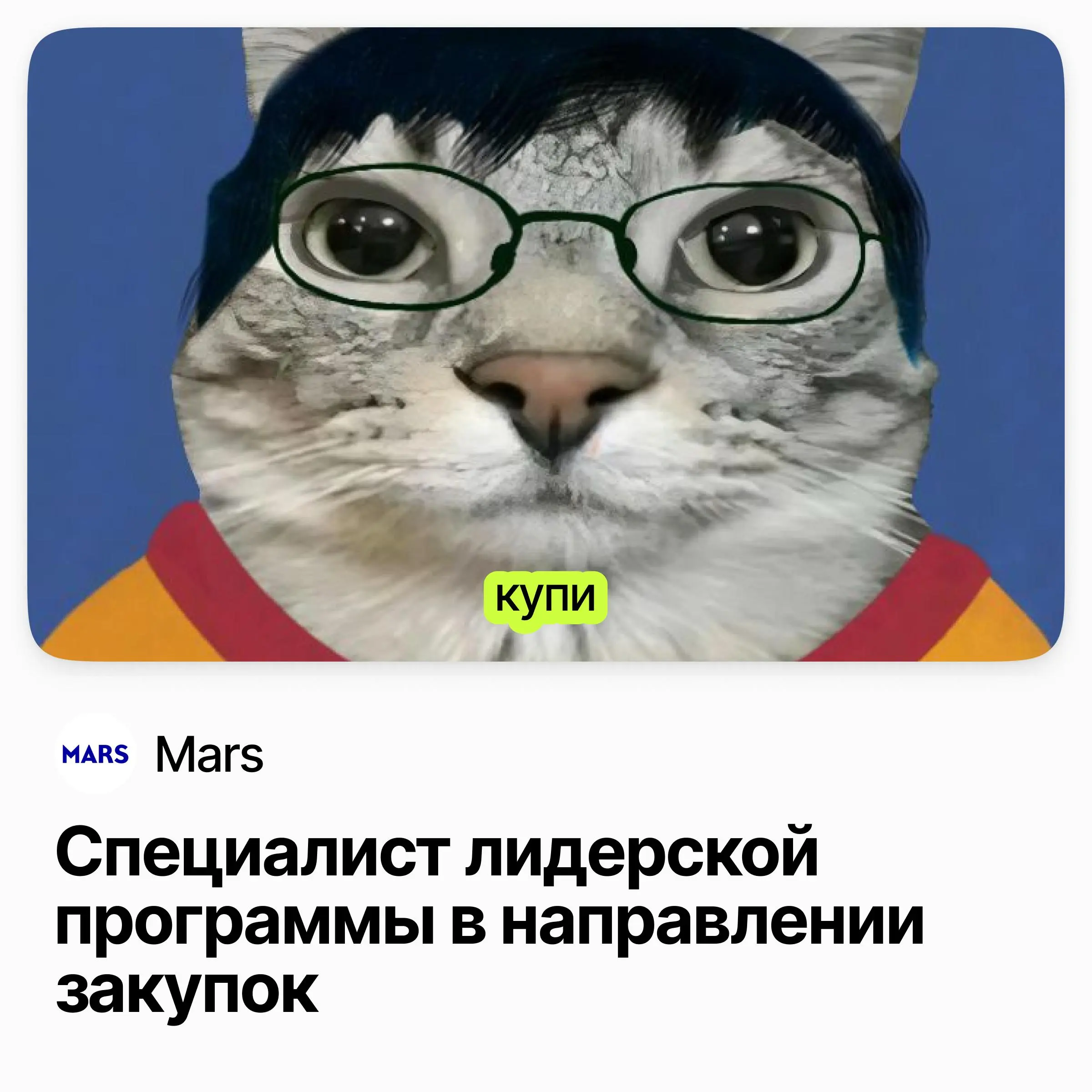 📦 Специалист лидерской программы в направлении закупок / Mars
Mars — семейная FMCG-компания с всемирно известными брендами.
Curiosity — двухлетняя оплачиваемая программа развития внутри закупок | Сетка — социальная сеть от hh.ru