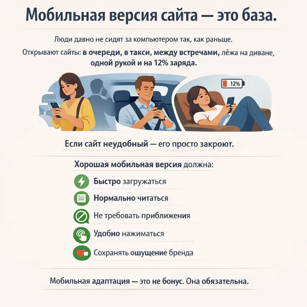 Адаптивность — база, а не бонус❕
Иногда проверка сайта занимает секунд десять. Открываешь его с телефона.
❌ Если хочется сразу приблизить экран — плохой знак | Сетка — социальная сеть от hh.ru